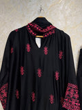 Ready To Wear Black Rayon Satin Embroidery Kurti Farshi Salwar With Dupatta