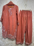Ready To Wear Peach IMP Crunchy Silk Embroidery Kurti Farshi Salwar With Dupatta