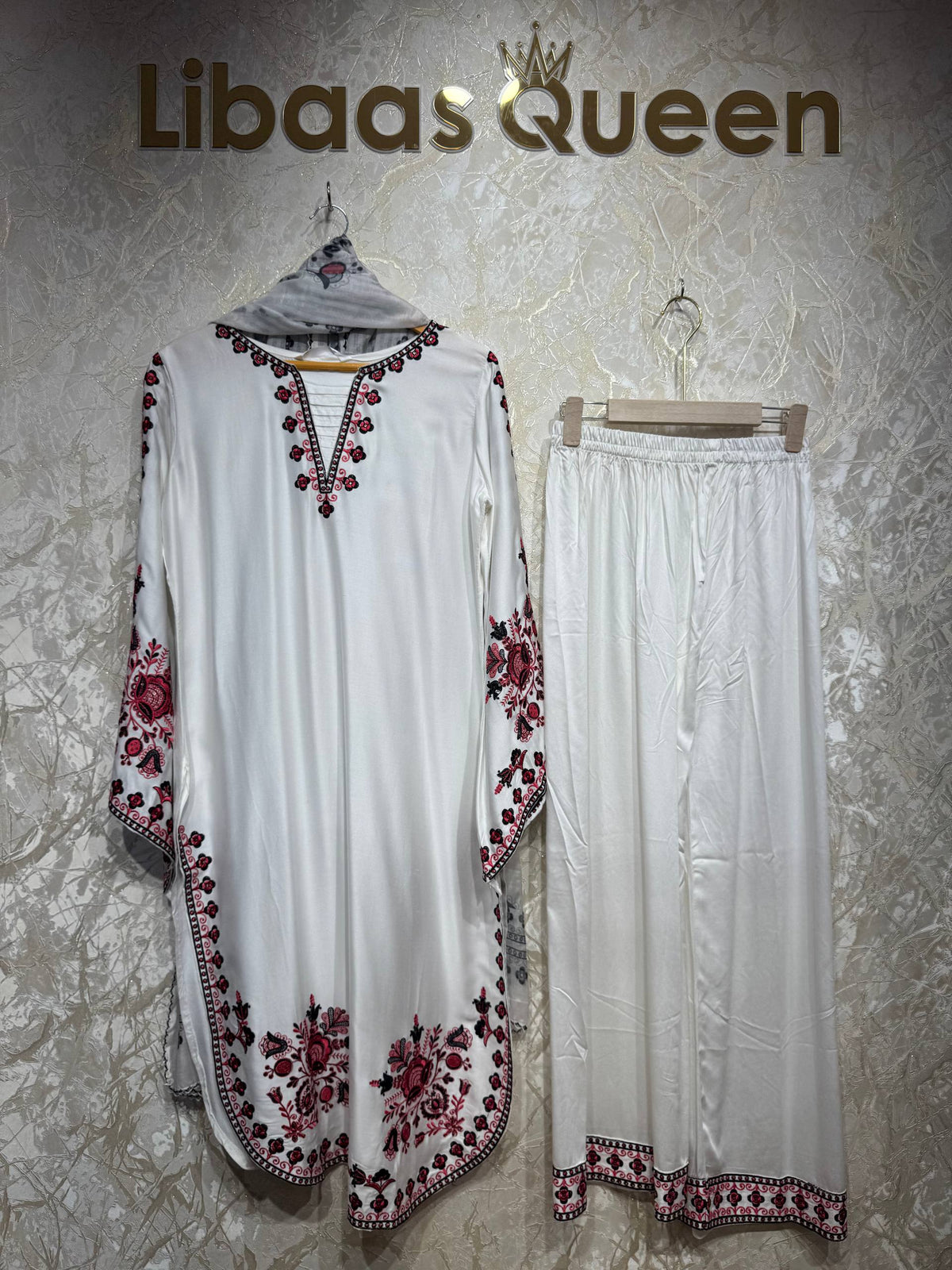 Ready To Wear White Black Rayon Satin Embroidery Kurti Palazo With Dupatta