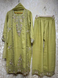 Ready To Wear Sky Blue White Pista Green IMP Crunchy Silk Kurti Palazo With Dupatta