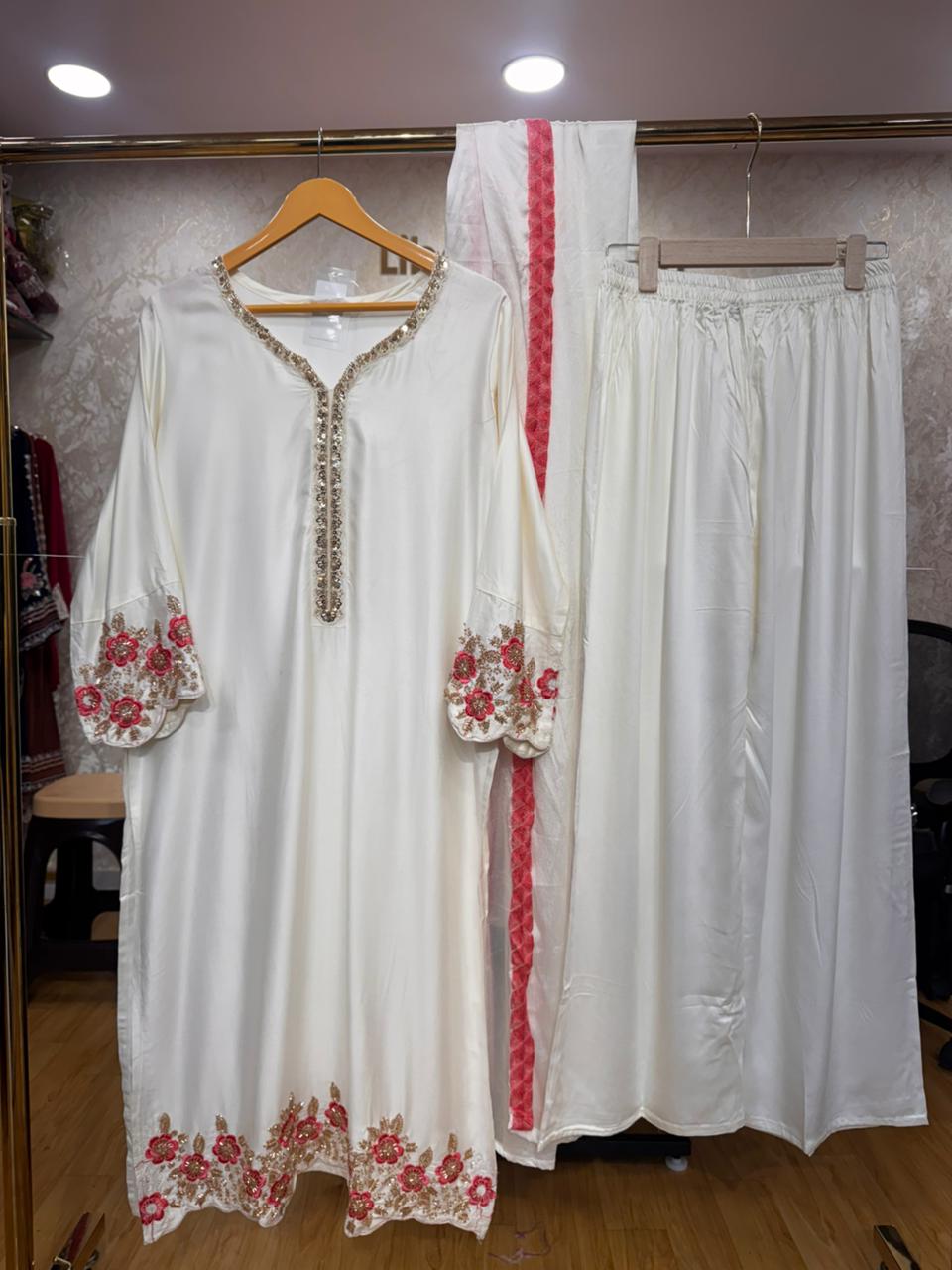 Ready To Wear White Black Brown Dusty Mauve Sage Green IMP Rayon Cotton Hand Work Kurti Palazo With Dupatta