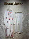 Ready To Wear White Rayon Satin Embroidery Kurti Pant With Dupatta