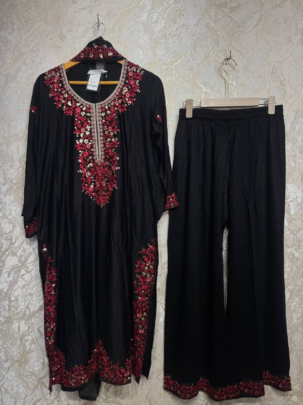 Ready To Wear Black And Pink Rayon Satin Embroidery Kurti Palazo With Dupatta