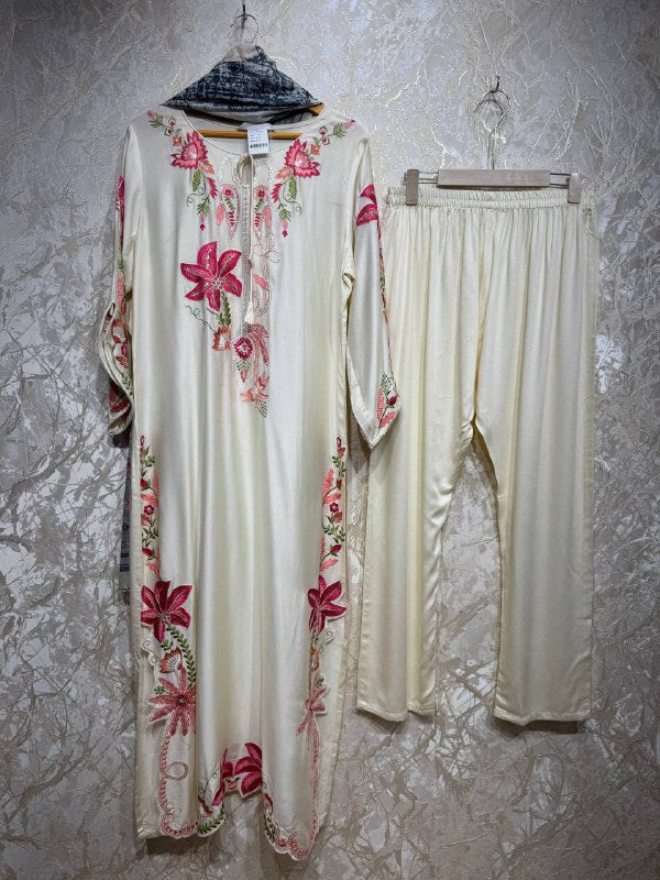 Ready To Wear Cream And Wine Rayon Satin Kurti Embroidery Pant With Dupatta