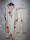Ready To Wear Cream And Wine Rayon Satin Kurti Embroidery Pant With Dupatta