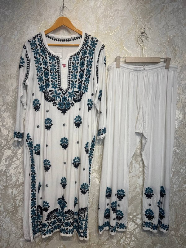Ready To Wear White Sky Rayon Cotton Chikankari Kurti Palazo