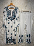 Ready To Wear White Sky Rayon Cotton Chikankari Kurti Palazo