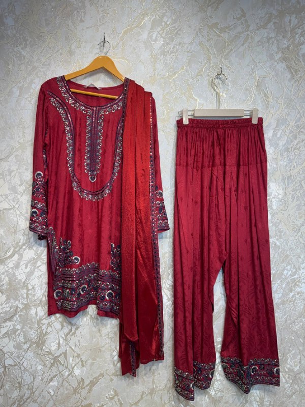 Ready To Wear Crimson Red IMP Rayon Satin Embroidery Kurti Farshi Salwar With Dupatta