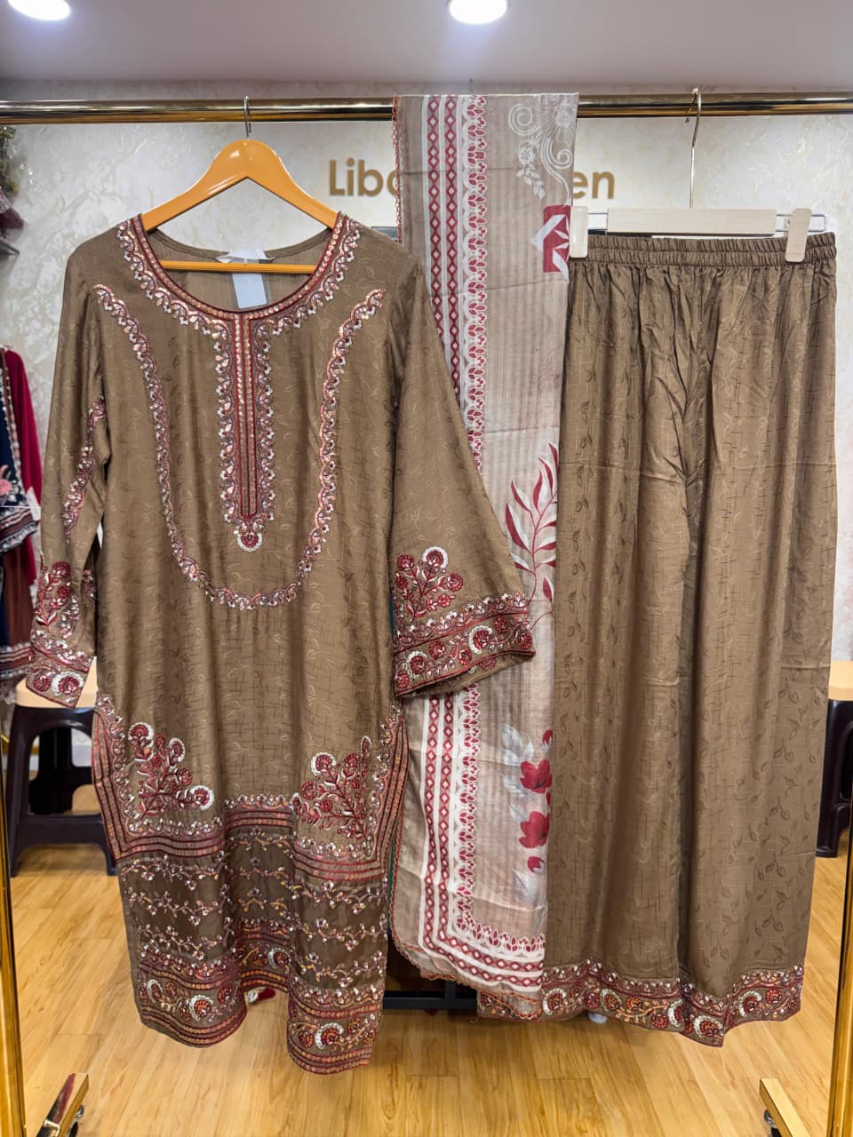 Ready To Wear Taupe Brown Light Purple White Black Peach Jacquard Cotton Kurti Palazo With Dupatta