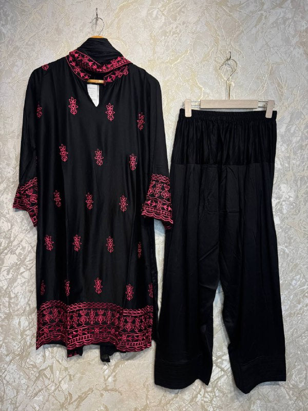 Ready To Wear Black Rayon Satin Embroidery Kurti Farshi Salwar With Dupatta