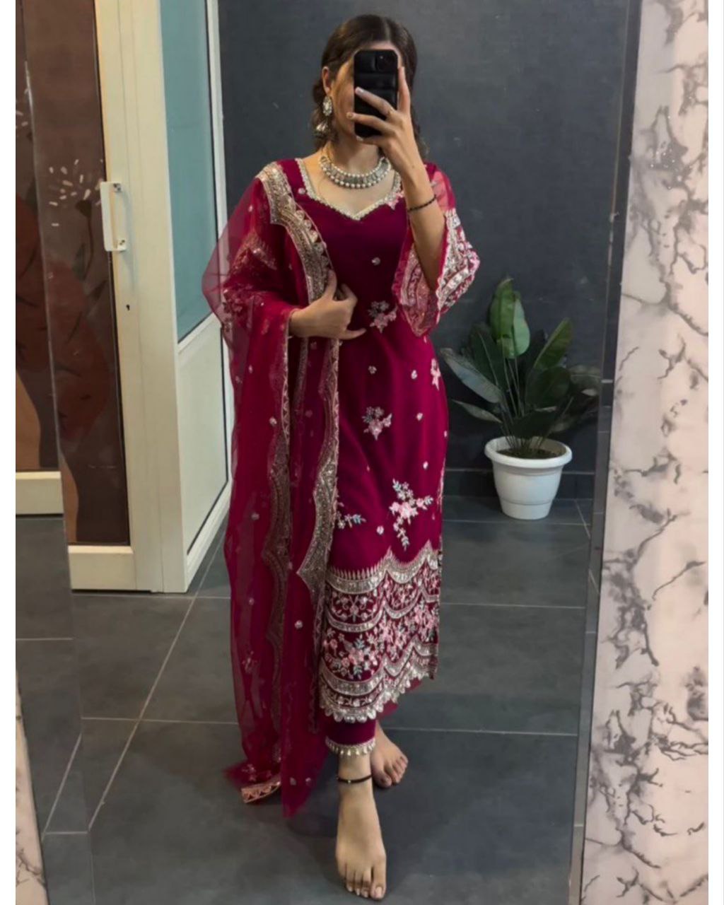 Ready To Wear Maroon Blooming Georgette Sequence Work Pent Suit With Dupatta
