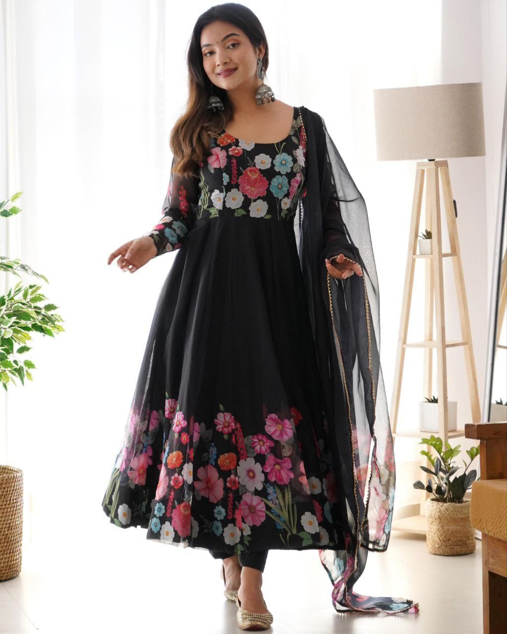 Ready To Wear Soft Organza Silk Floral Print And Hand Work Anarkali Suit With Dupatta