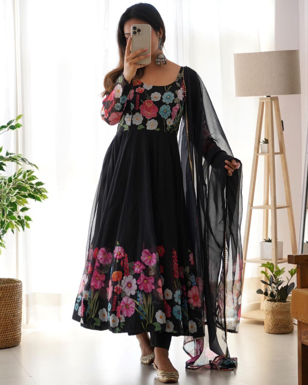 Ready To Wear Soft Organza Silk Floral Print And Hand Work Anarkali Suit With Dupatta