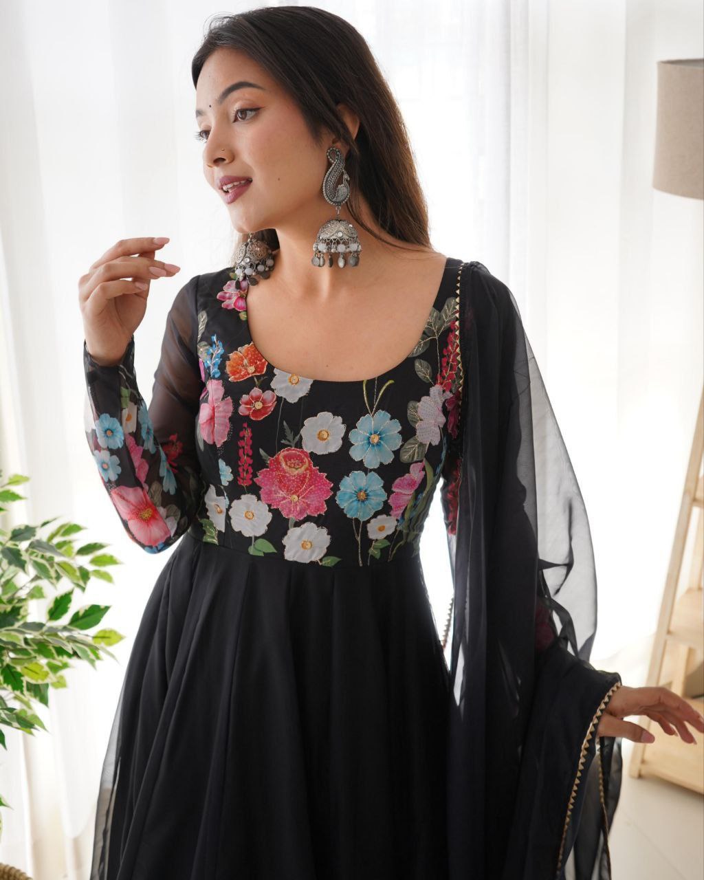 Ready To Wear Soft Organza Silk Floral Print And Hand Work Anarkali Suit With Dupatta