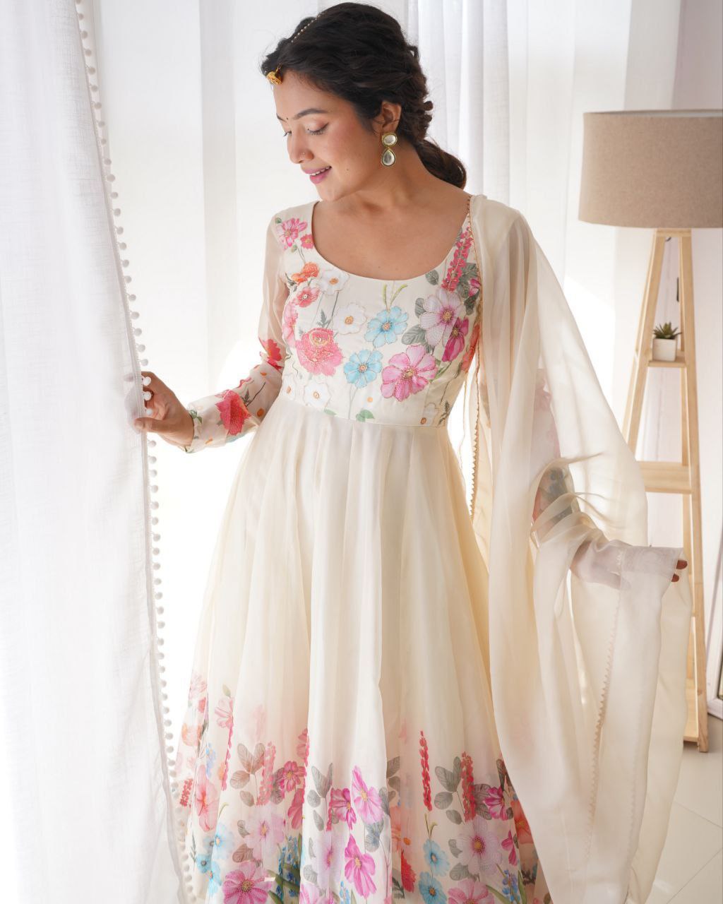 Ready To Wear Soft Organza Silk Floral Print And Hand Work Anarkali Suit With Dupatta