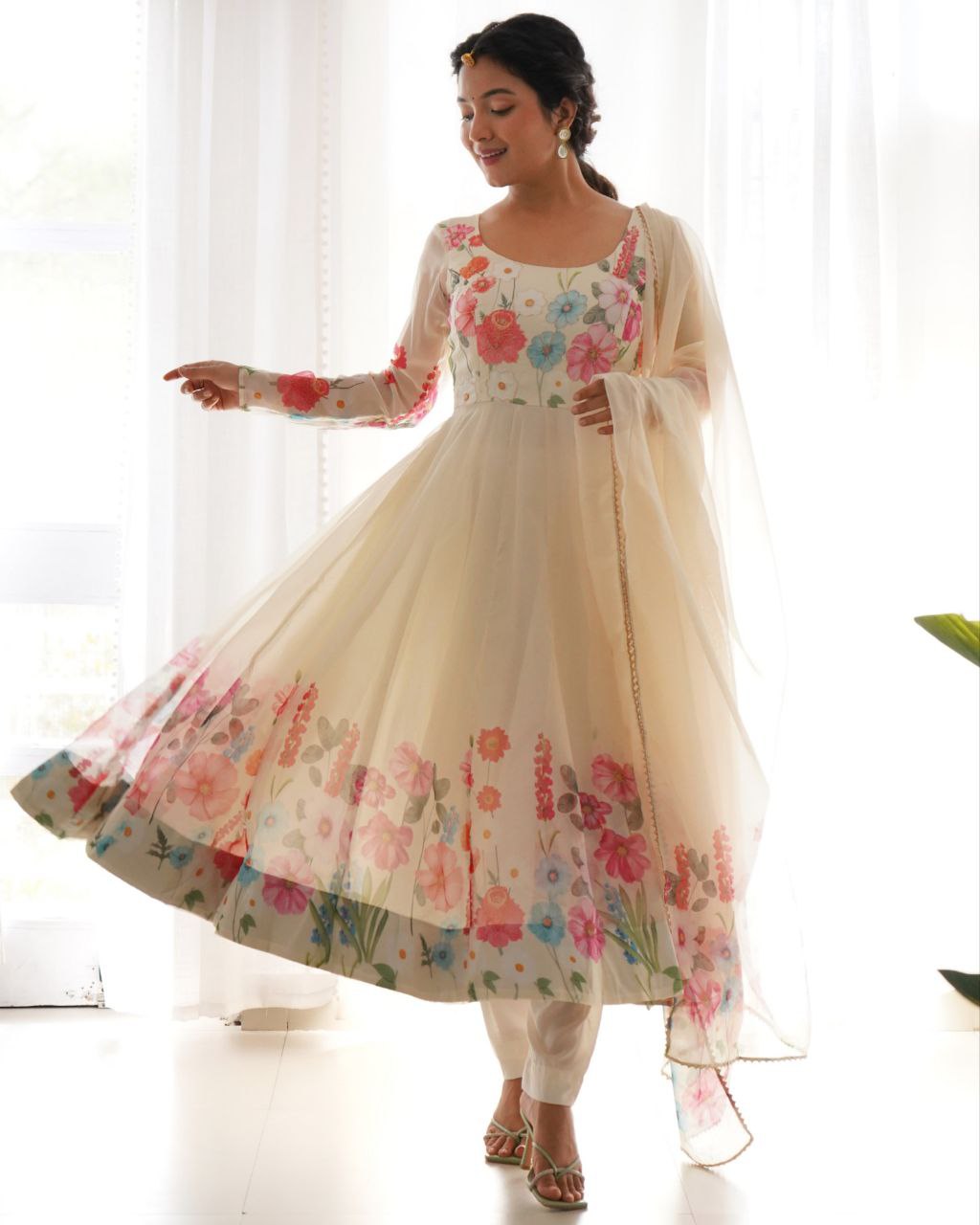 Ready To Wear Soft Organza Silk Floral Print And Hand Work Anarkali Suit With Dupatta