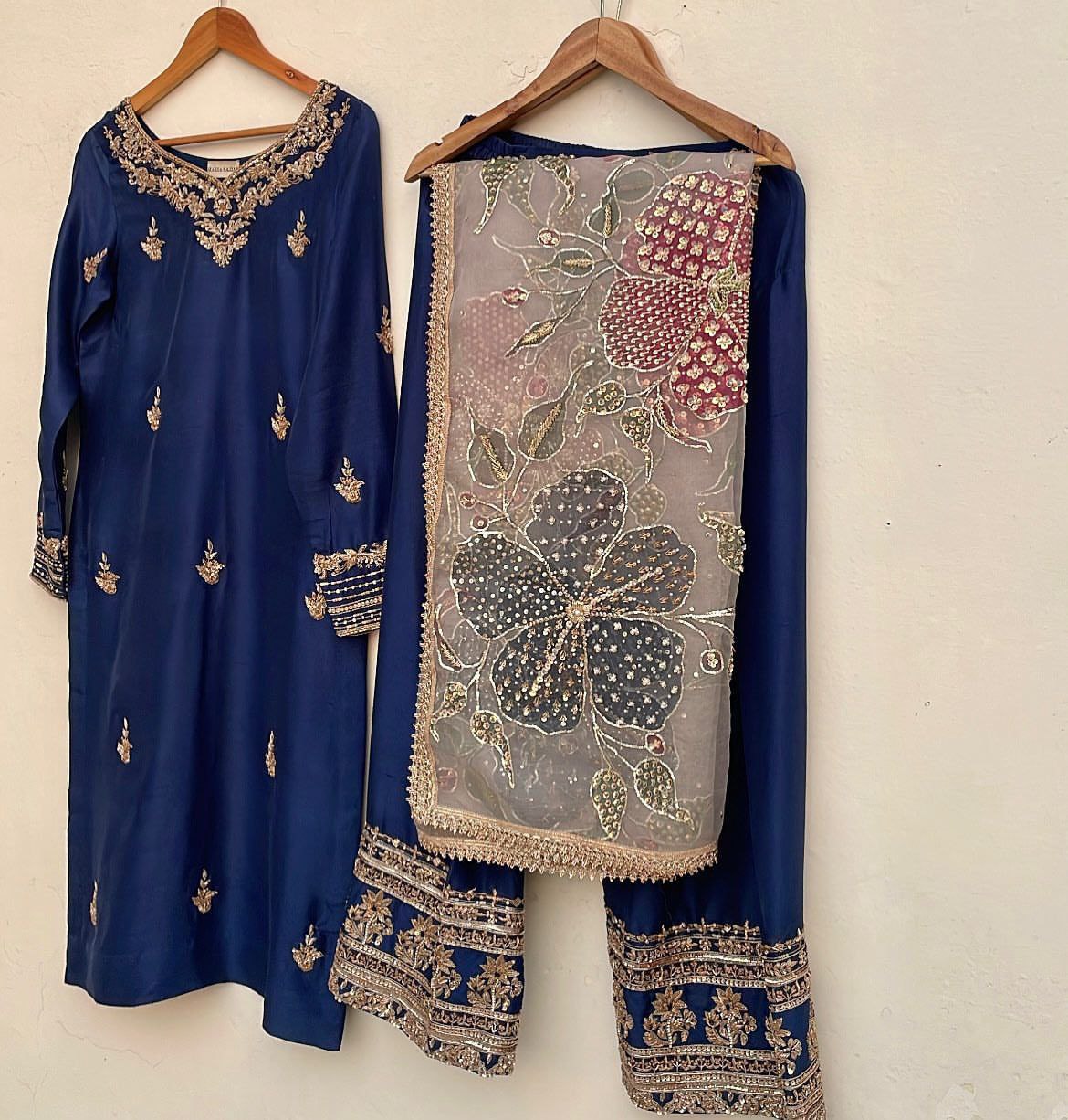Ready To Wear Blue & Black Chinon Silk Embroidery Work Salwar Suit With Dupatta
