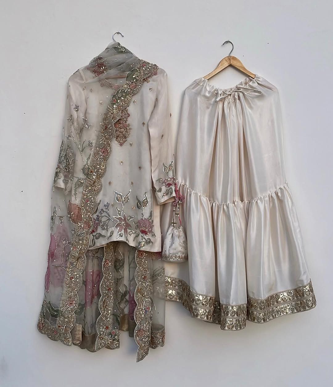 Ready To Wear White Chinon Silk Embroidery Work Gharara Suit With Dupatta