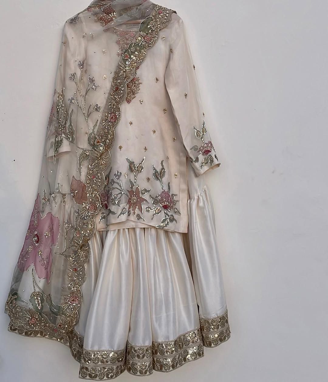 Ready To Wear White Chinon Silk Embroidery Work Gharara Suit With Dupatta