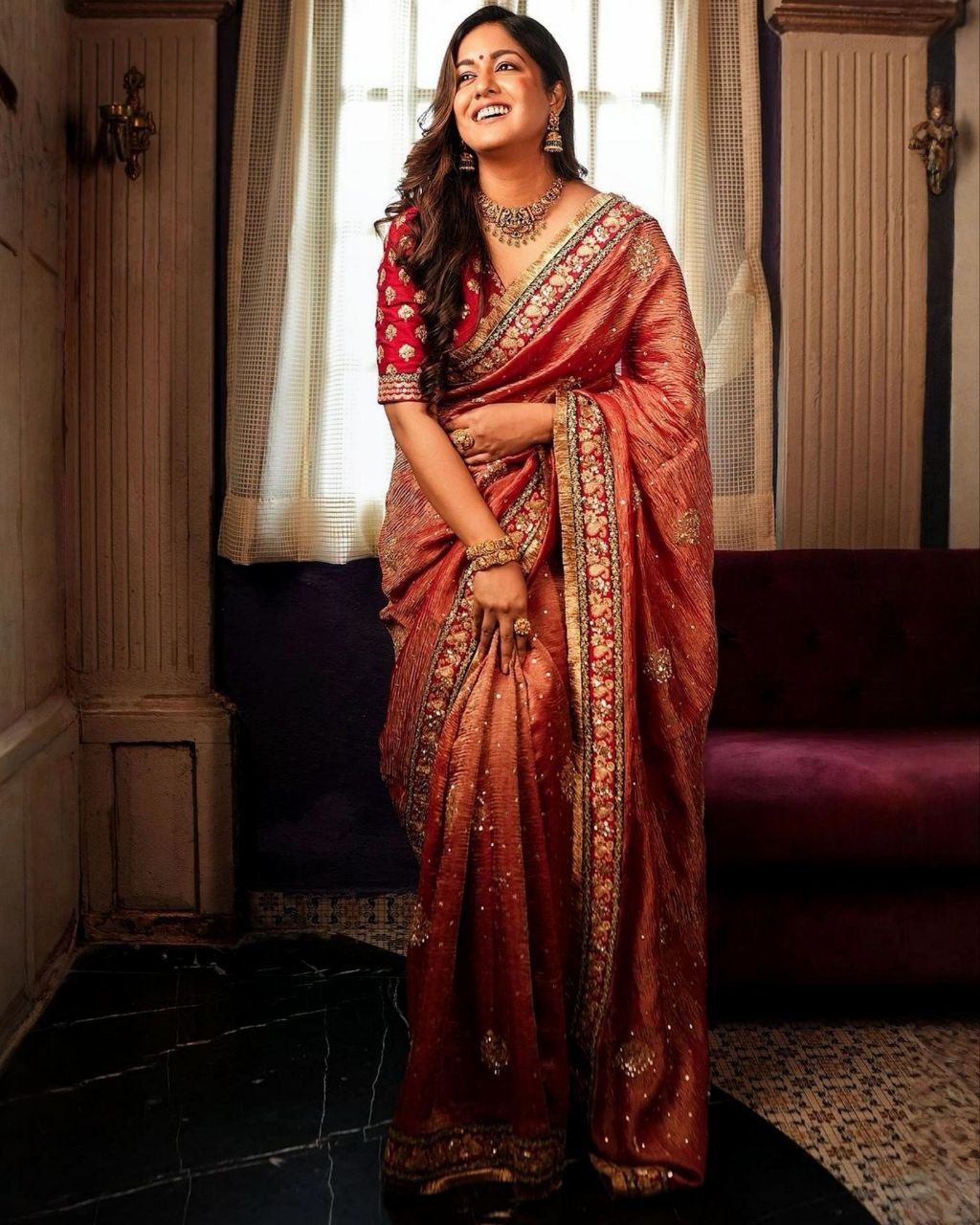 Ready To Wear Red Banarasi Crush Zari Work Saree With Blouse