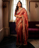 Ready To Wear Red Banarasi Crush Zari Work Saree With Blouse