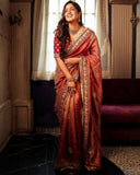 Ready To Wear Red Banarasi Crush Zari Work Saree With Blouse