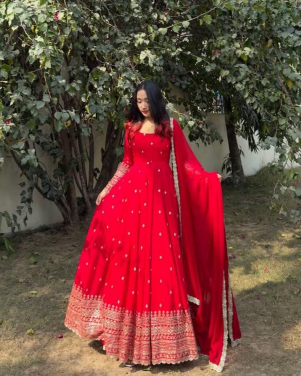 Exclusive Peach & Red Georgette Embroidery Work Anarkali Gown With Dupatta