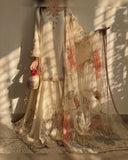 Ready To Wear Blue , Red & White Chinon Silk Embroidery Work Sharara Suit With Dupatta