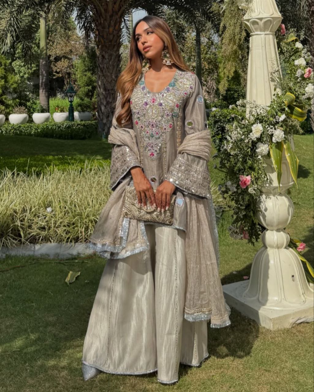 Ready To Wear Grey , White , Sky & Pink Crep Silk Embroidery Work Sharara Suit With Dupatta
