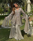 Ready To Wear Grey , White , Sky & Pink Crep Silk Embroidery Work Sharara Suit With Dupatta