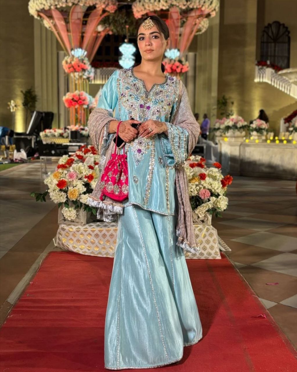 Ready To Wear Grey , White , Sky & Pink Crep Silk Embroidery Work Sharara Suit With Dupatta