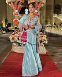 Ready To Wear Grey , White , Sky & Pink Crep Silk Embroidery Work Sharara Suit With Dupatta