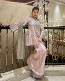 Ready To Wear Grey , White , Sky & Pink Crep Silk Embroidery Work Sharara Suit With Dupatta