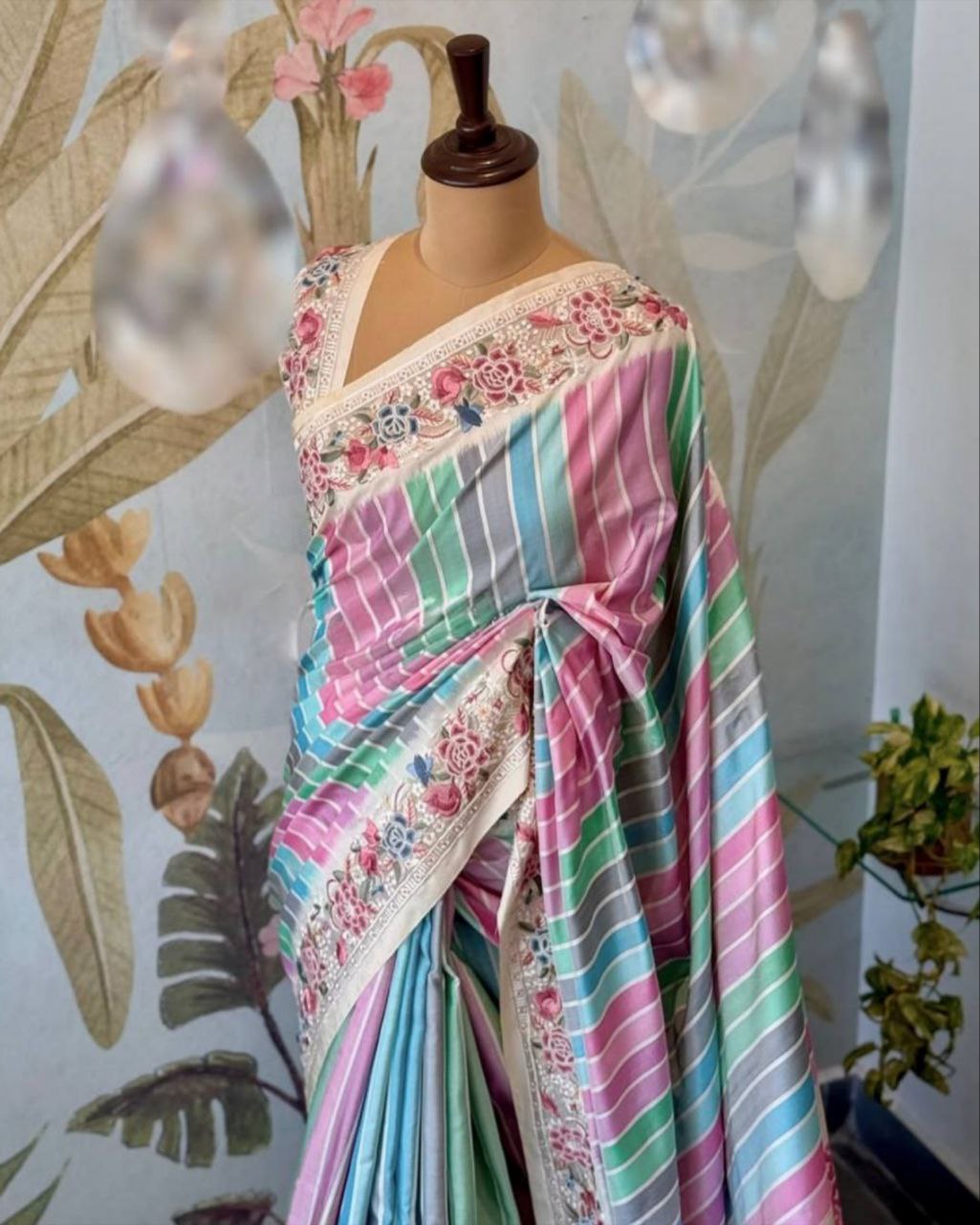 Ready To Wear Multi Pastel Premium Silk Embroidery Work Saree With Blouse