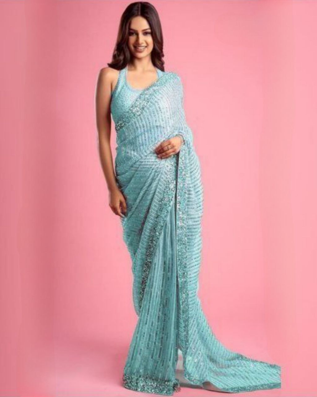 Buy Baby Pink Georgette Sequence Embroidery Work Saree