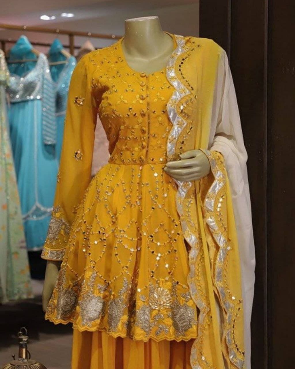 Mustard Yellow Georgette Embroidery Work Sharara Suit