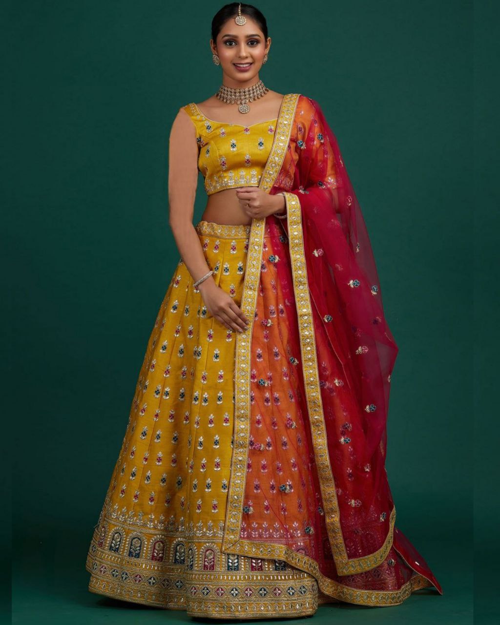 Designer Yellow and Red color lehenga choli with Zari and Sequence ,Th
