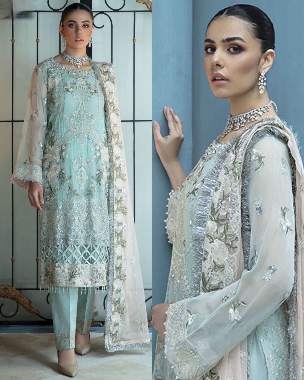 Gorgeous Light Sky Blue Embroidery Work Pakistani Pant Suit