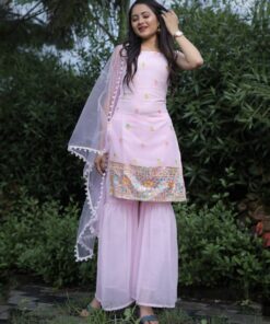 Latest Baby Pink Pure Georgette Embroidery Work Pakistani Sharara Suit With Dupatta