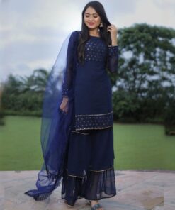 Adorable Neavy Blue Heavy Georgette Thread Work Sharara Suit With Dupatta