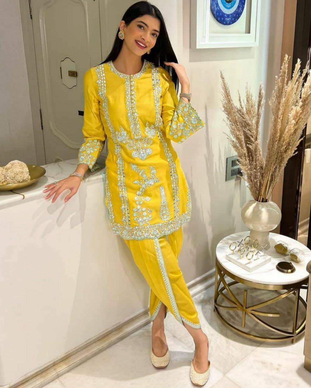 Yellow Georgette Silk Mirror Embroidery Work Punjabi Suit