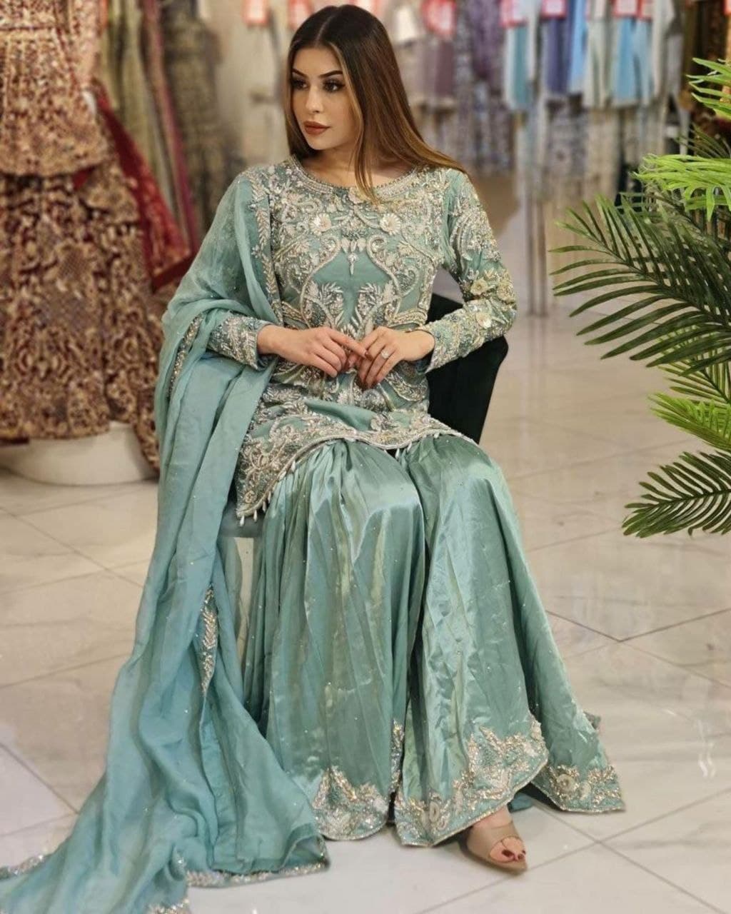 Gorgeous Aqua Pure Georgette Silk Embroidery Work Sharara Suit