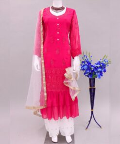 Launching Rani Pink Pure Georgette Frell Work Salwar Suit With White Dupatta