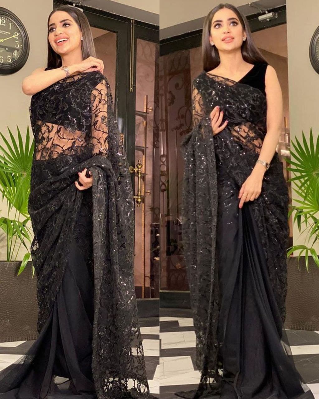 Buy Black Georgette Sequence Work Saree With Blouse