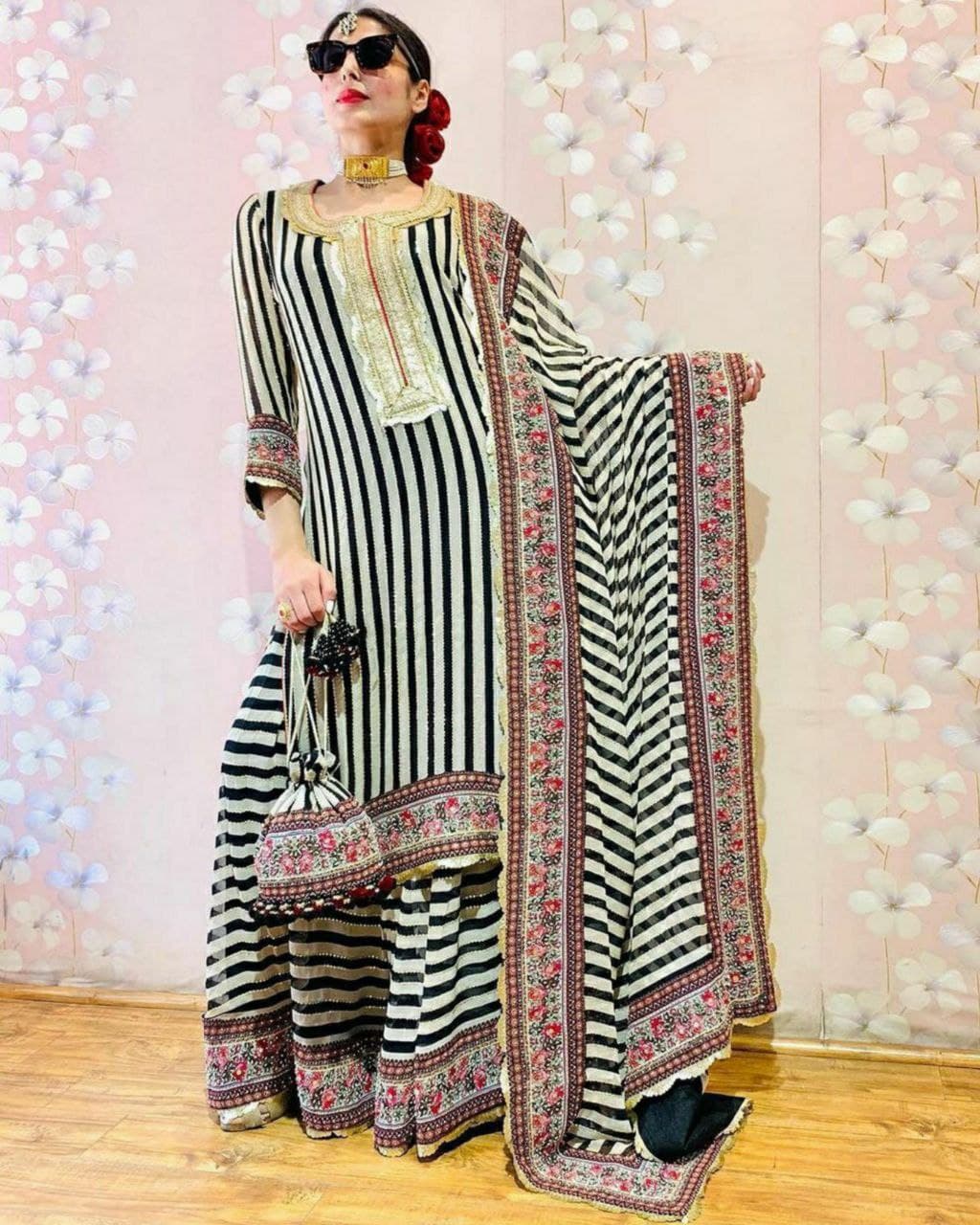 Beautiful Georgette Silk with black and white pattern Sharara Suit