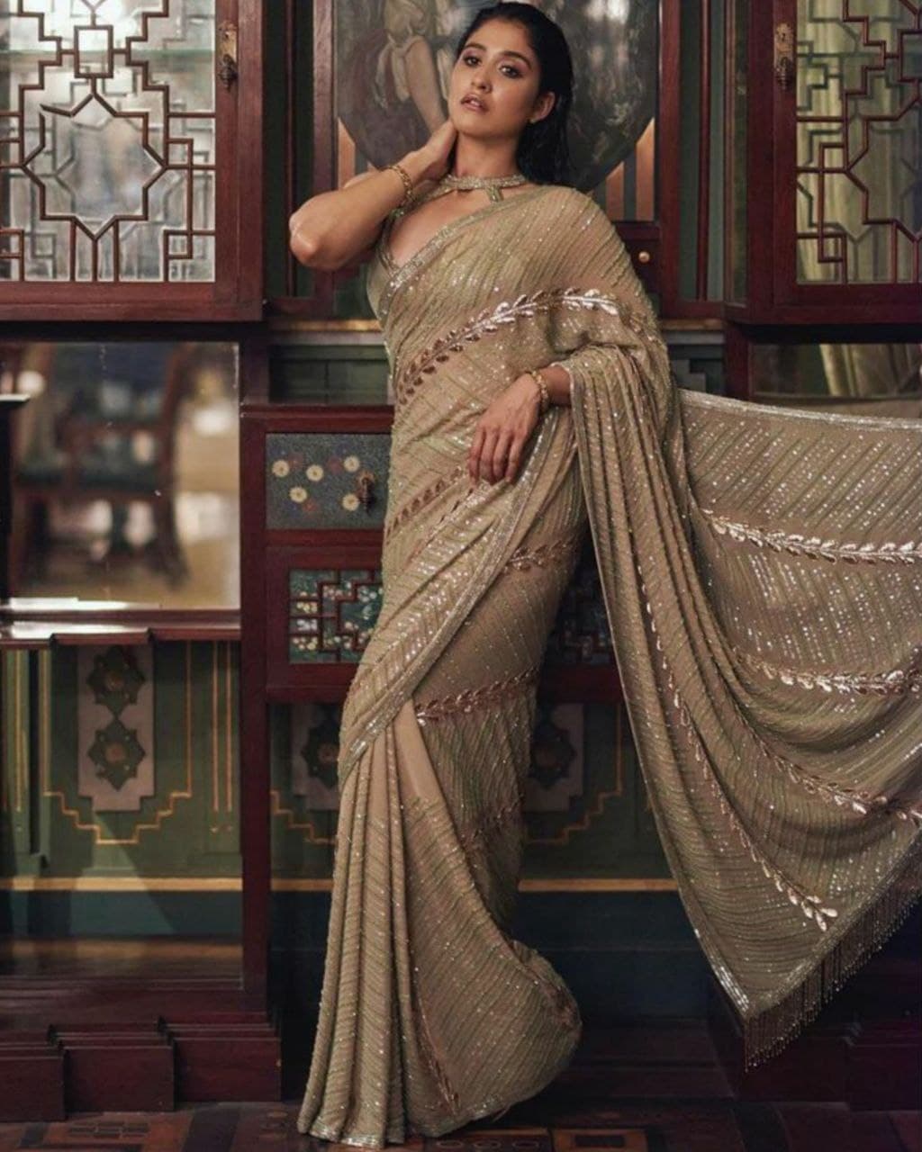 Amazon.com: CRAFTSTRIBE Chiku Colour Sari sequence and Mirror Work Saree  With Unstitched Blouse : Clothing, Shoes & Jewelry