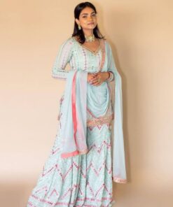 Traditional Sky Blue Georgette Silk Foil Mirror Hanging Work Sharara Suit With Dupatta