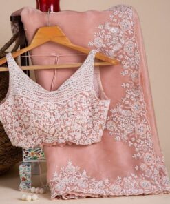 Buy Peach Organza Silk Thread Work Saree With Blouse