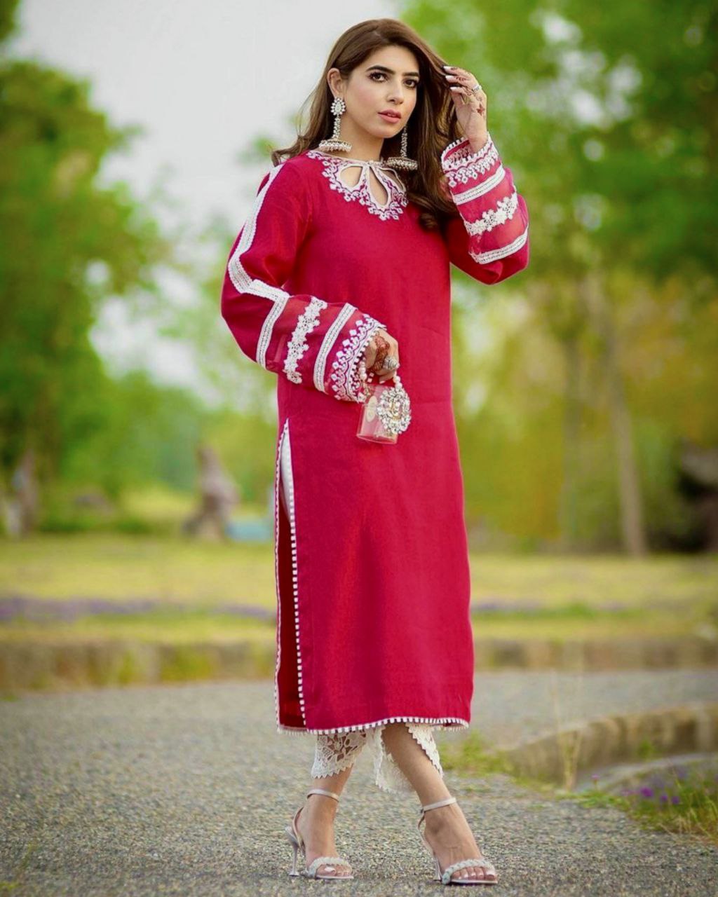 Rani Pink Georgette Embroidery Work Pakistani Tulip Suit