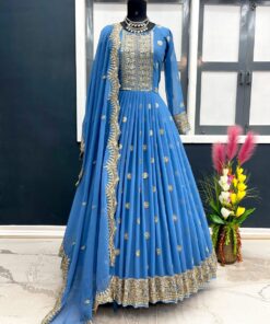 Alluring Sky Blue Heavy Georgette Handwork Lace Gown With Dupatta